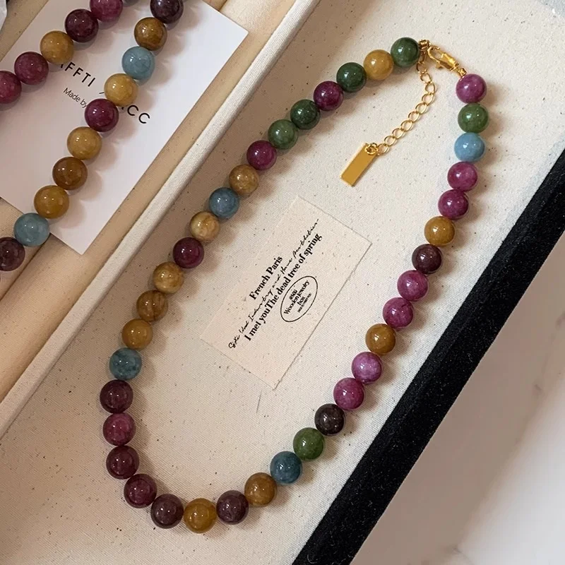 Colar feminino de turmalina colorida natural com contas de 8mm e corrente folheada a ouro 14K - foto 5