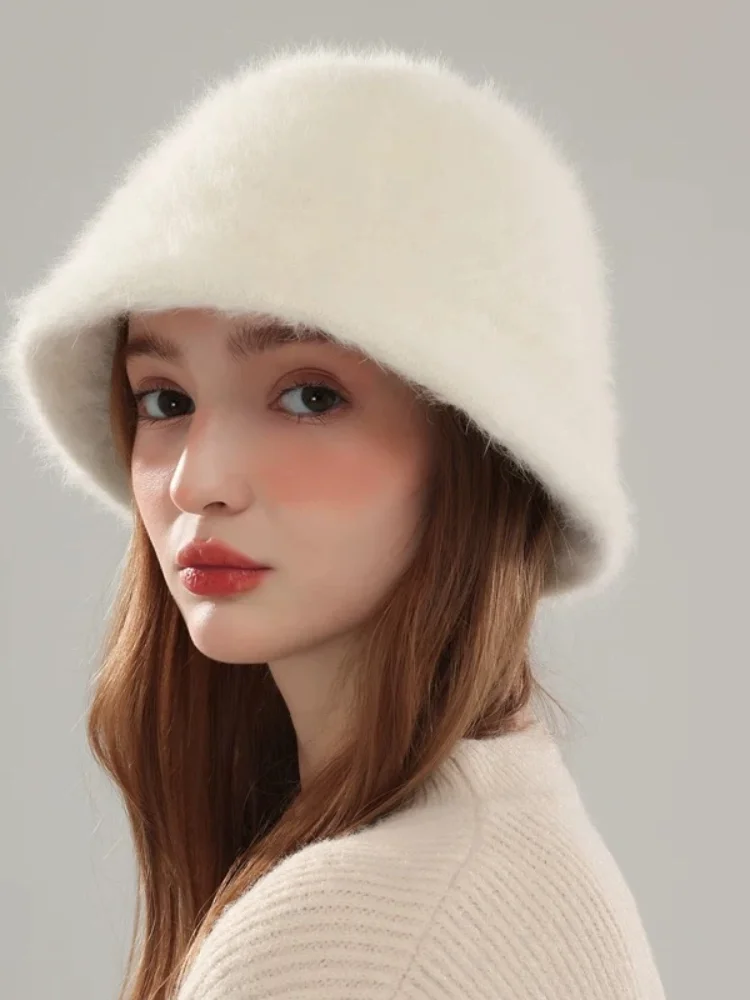 Women's Winter Plush Fur Bucket Hat Korean Solid Color Rabbit Hair Warm Fashion Versatile Outdoors Soft Dome women bucket hat women hat bucket hat