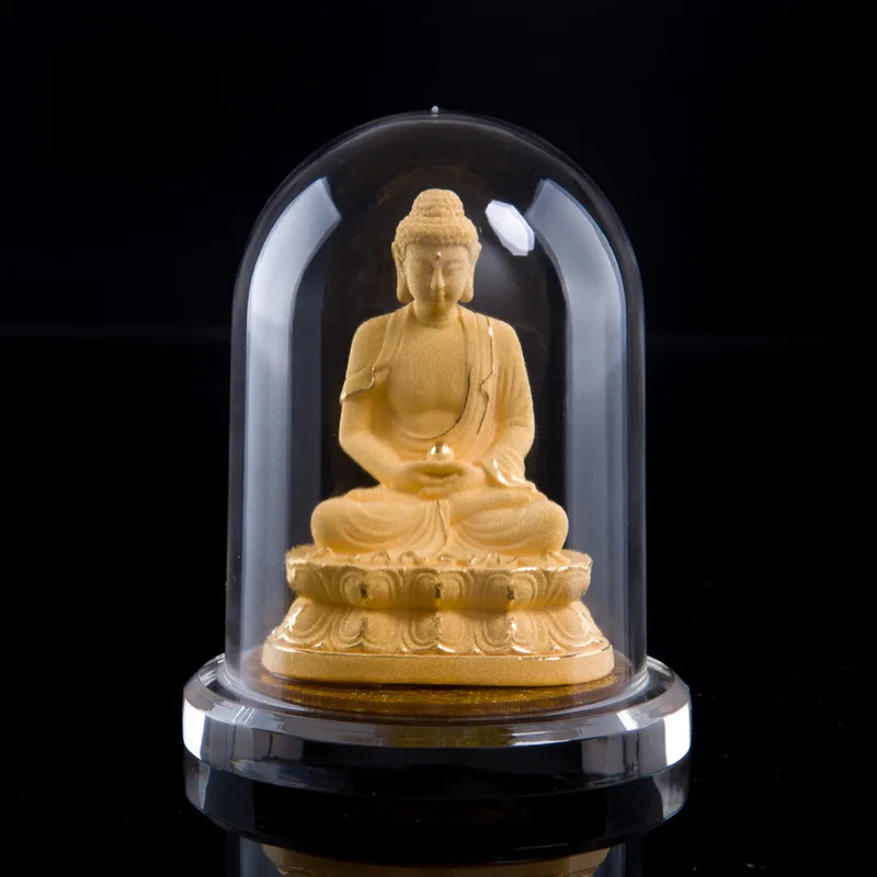 

Golden Buddhist Ornaments Guanyin Maitreya Amitabha Sakyamuni Medicine Buddha Ksitigarbha Statue Glass Cover Figurine Home Decor
