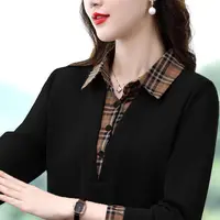 Mom Outfit Spring and Autumn Fashion New Lapel Sweat Shirt Plaid Splicing Buttons Loose Comfortable Versatile Long Sleeves Tops - Image 4