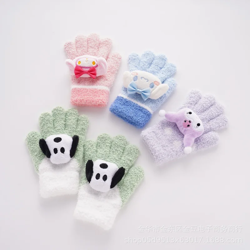 Sanrio Gloves Children's Cartoon Kuromi My Melody Cinnamoroll Winter Boys' Plush Thickened Mittens Girls' Five Finger Gloves baby gloves warm winter girl boy knitted half finger flip cover mittens 2 5 years thick children cartoon gloves baby accessories