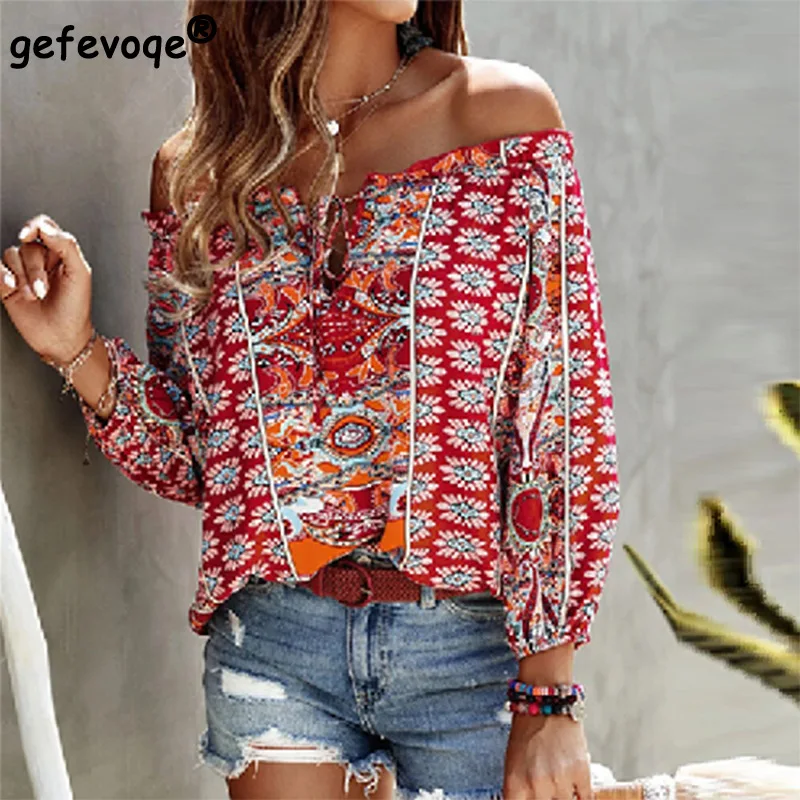 

Spring Summer Bohemian Retro Fashion Printed Casual Shirt Tops Women Loose Ruffles One Word Collar Lantern Sleeve Lace Up Blouse