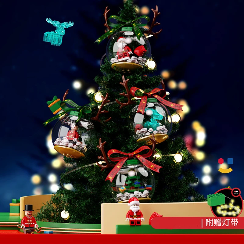 

Christmas Series Bricks Toys Christmas Tree Decorative Ball With Light Santa Claus Reindeer Sled Assembly Model Kits Kid Gifts