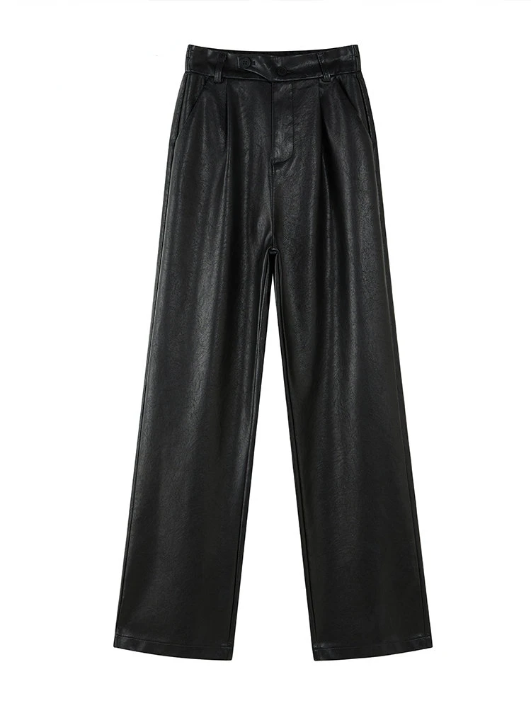 High Waist Causal Leather Pants for Women 2 Button Zipper Up PU Pants Black Fall Straight 2023 New Streetwear Trousers Black