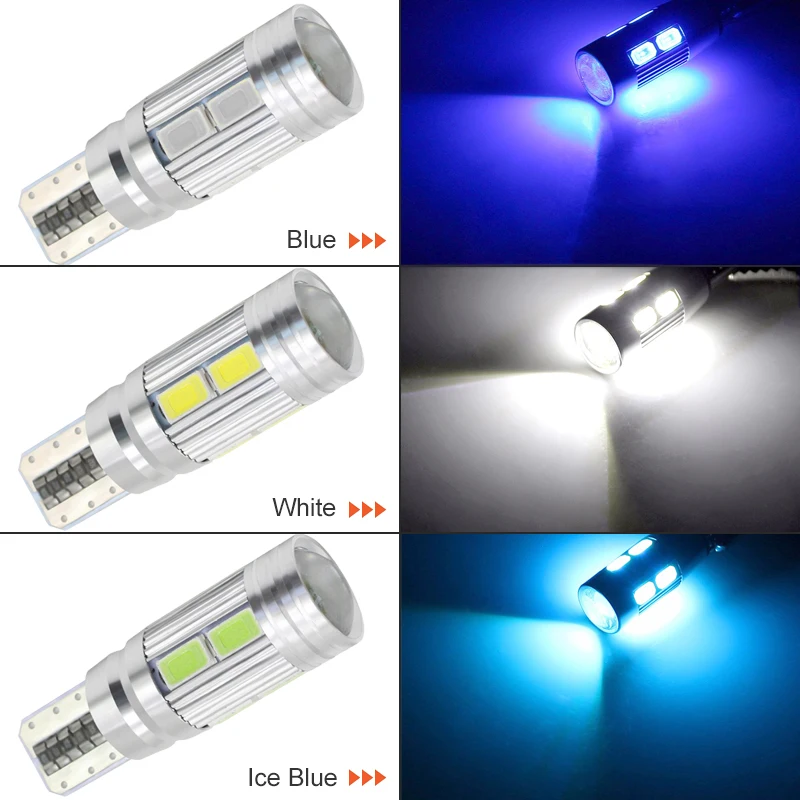 T10 LED 전구 Canbus 오류 없음 W5W LED 신호등, 12V 5630 10SMD 7000K 흰색 자동차 웨지 사이드 트렁크 번호판 램프, 2 개