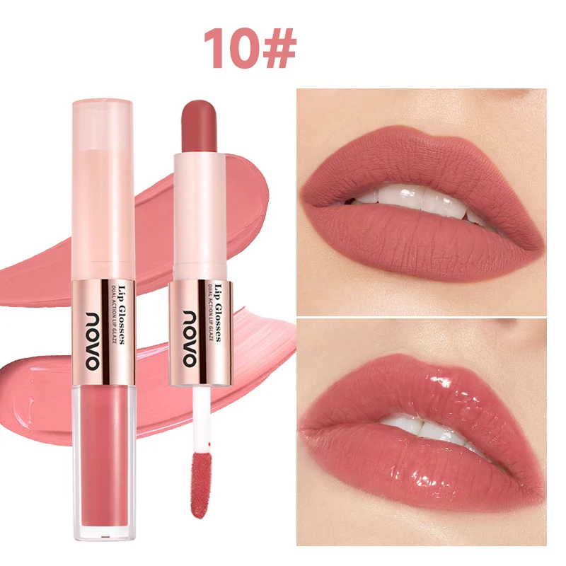 Batom e brilho labial 2 em 1 de ponta dupla - acabamento fosco e espelhado, bloqueio de cor de longa duração, fórmula nutritiva com óleo de semente 7