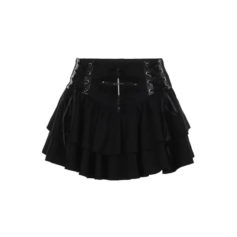 Black Lace Trim Cross Lace-up Mini Skirt Vintage Sexy Punk A-Line