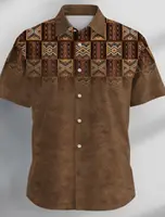 Ethnic Vintage Casual Men's Shirt Button Up Tops Party Evening Daily Vacation Summer Turndown Short Sleeve Brown Polyester Shirt 1