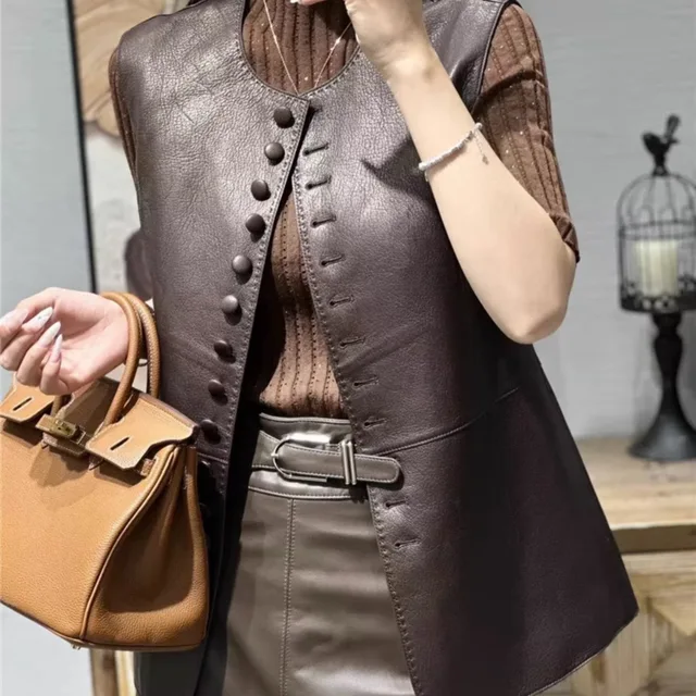 2023 New Style Women s Fashion Rice Grain Pressure Single Breasted Genuine Sheepskin Leather Vest