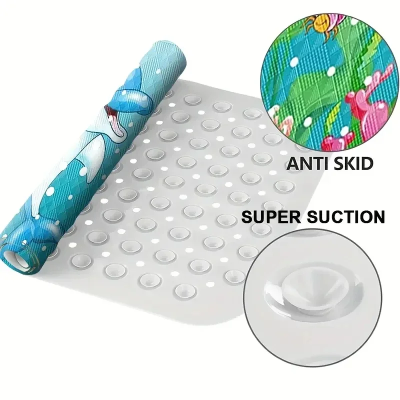 Extra Long Non-Slip Cartoon Bath Mat with Secure Suction Cups & Drain Holes