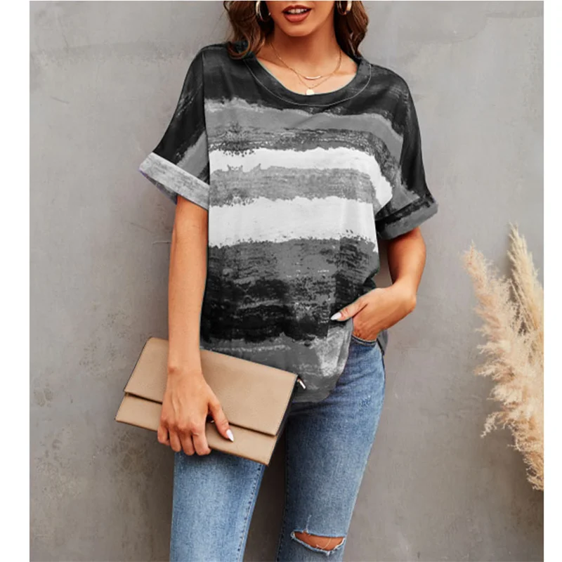 Summer New Casual Top Tie-Dye Striped Loose Short-Sleeved Round Neck Shirt Fashion Plus Size Pullover T-Shirt 2022 Streetwear cheap t shirts Tees