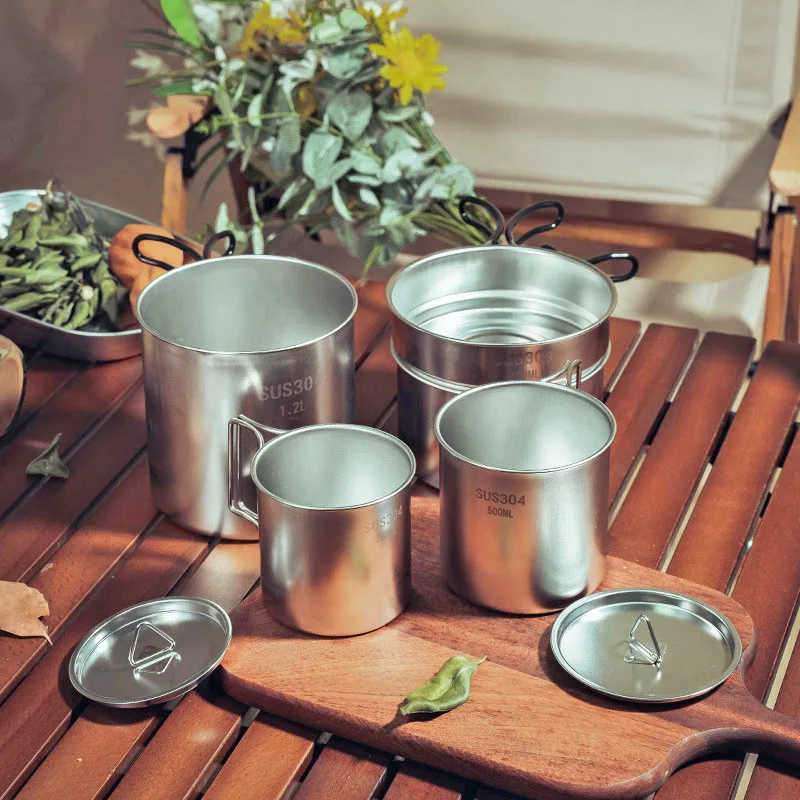 

Stainless Steel Outdoor Pot Suite Camping Picnic Self-Driving Portable Large Water Cup Hiking Cooking Equipment
