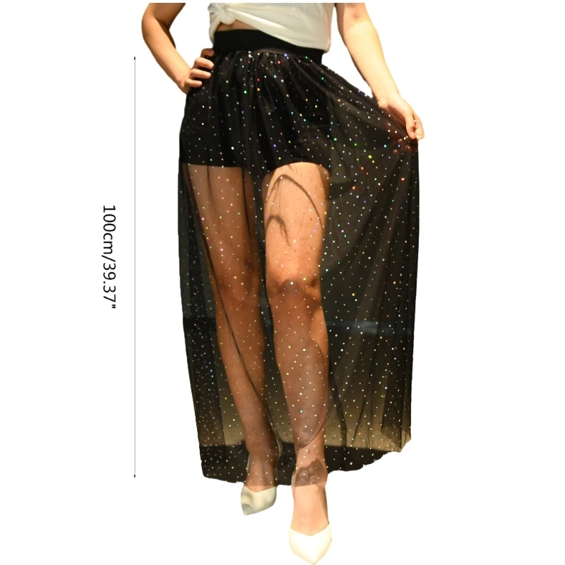 Woman Teens Sequins Skirt Elegant Black Color Mesh Skirts for Girls High Waist Dropship