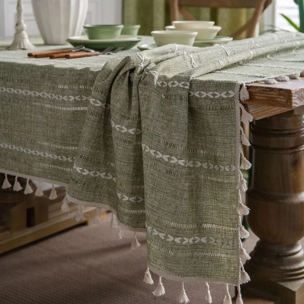 

Зеленая вырезанная скатерть в американском стиле, прямоугольная ткань из хлопка и льна для обеденного стола
