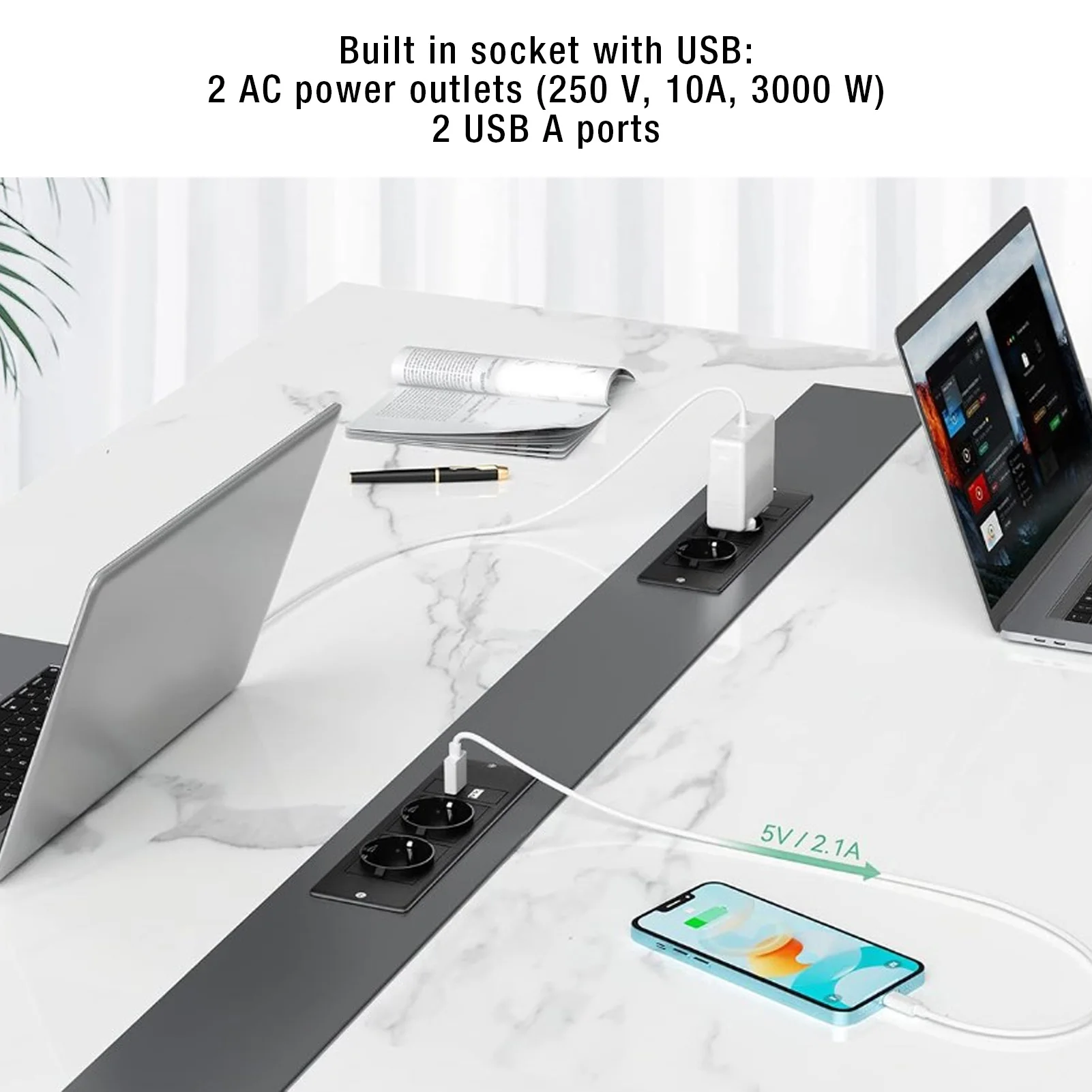 Electrical power socket embedded 2 USB 2 10A ports recessed desk socket with 1.5m cable
