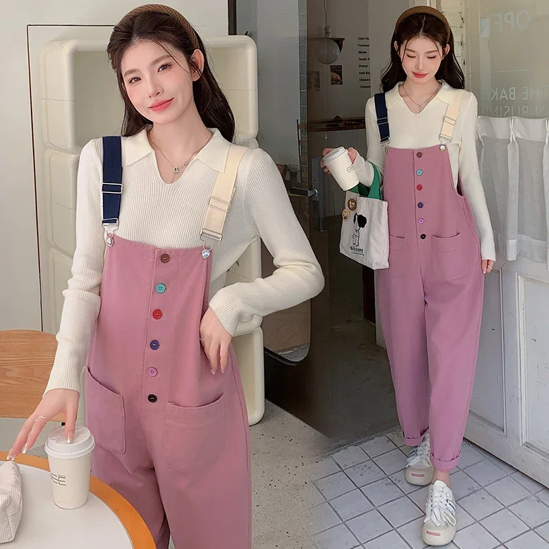 Korean Style Maternity Clothes Set Long Sleeve Knitting Pullovers Pink Overalls Twinset Pregnant Woman Cotton Jumpsuits Suits