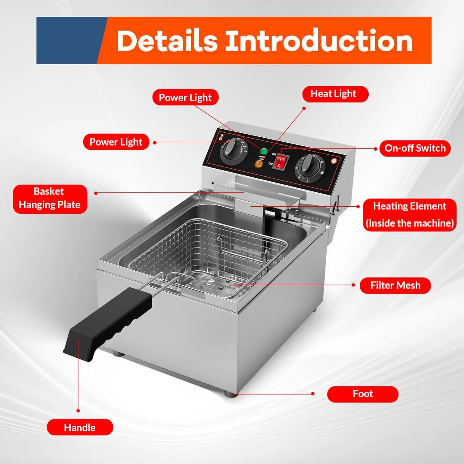 10.6QT/10L Electric Deep Fryer w/Basket & Lid, Stainless Steel Countertop Fryers, 3000W Single Tank Frying Machine w/Adjustable 3