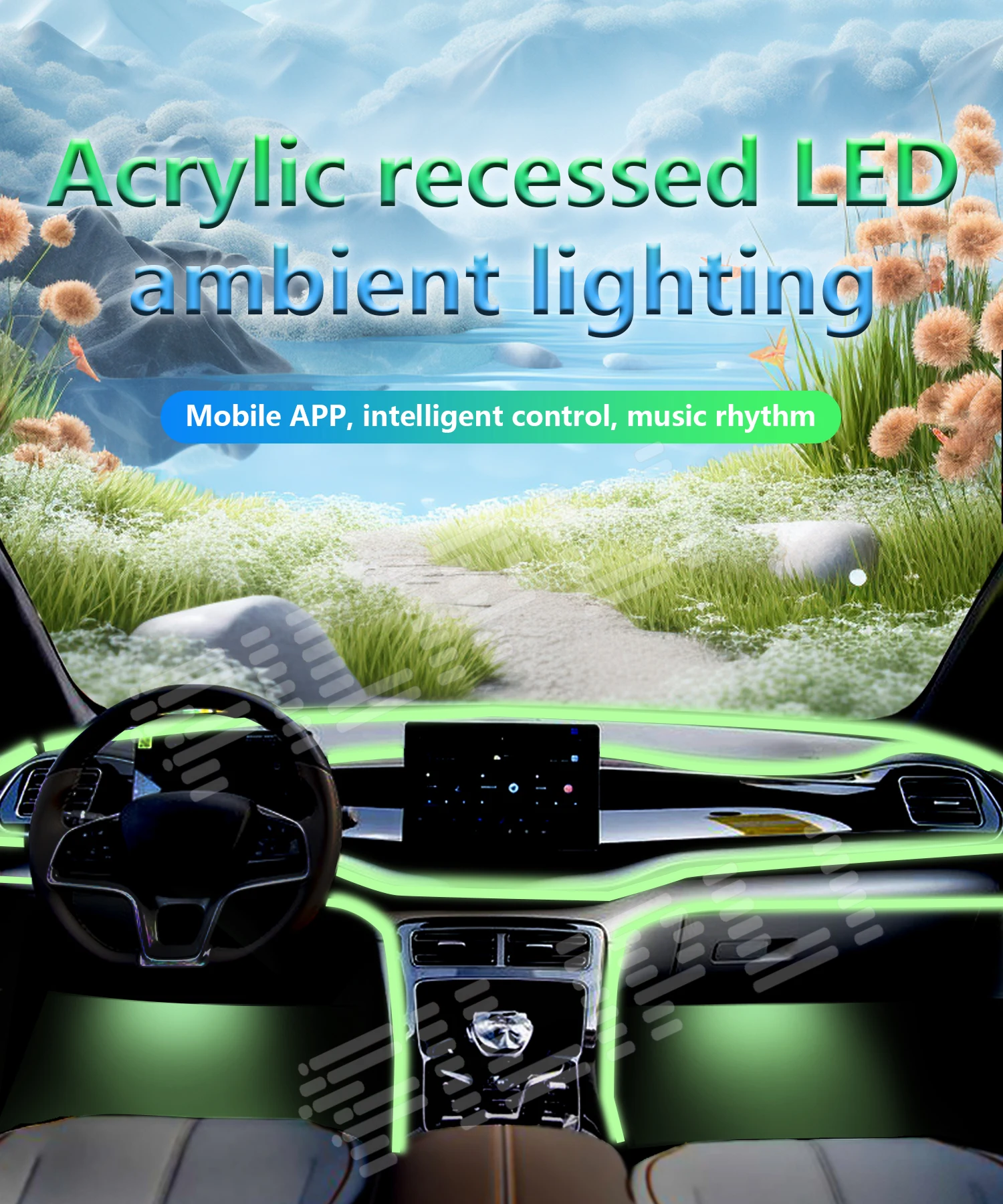 LED 자동차 주변 조명 인테리어 아크릴 조명, 심포니 RGB 64 컬러 가이드, 광섬유 자동차 장식 램프, USB 인터페이스, 2 in 1