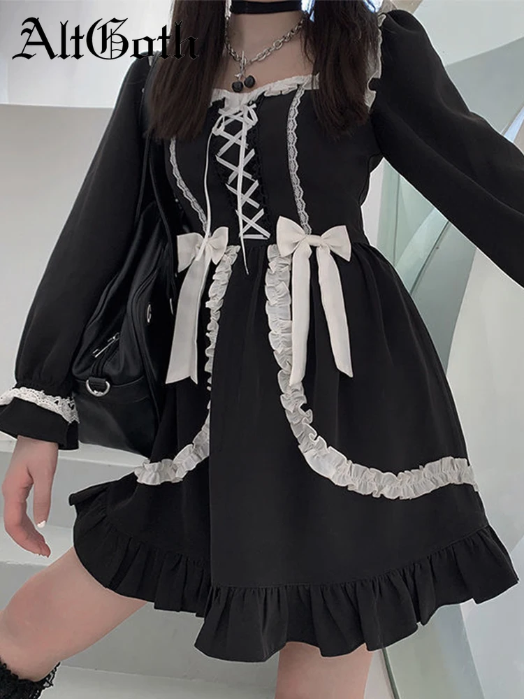 

AltGoth Sweet Gothic Lolita Dress Women Fairycore Grunge Princess Long Sleeve Square Collar Lace Patchwork Corset Dress Cosplay