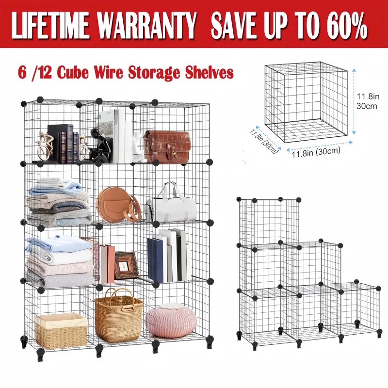BRIEFNESS 6/12 Stackable Metal Cube Shelf, Modular DIY Bookshelf, Interlocking Storage Rack, Multi-Purpose Home Office Organizer