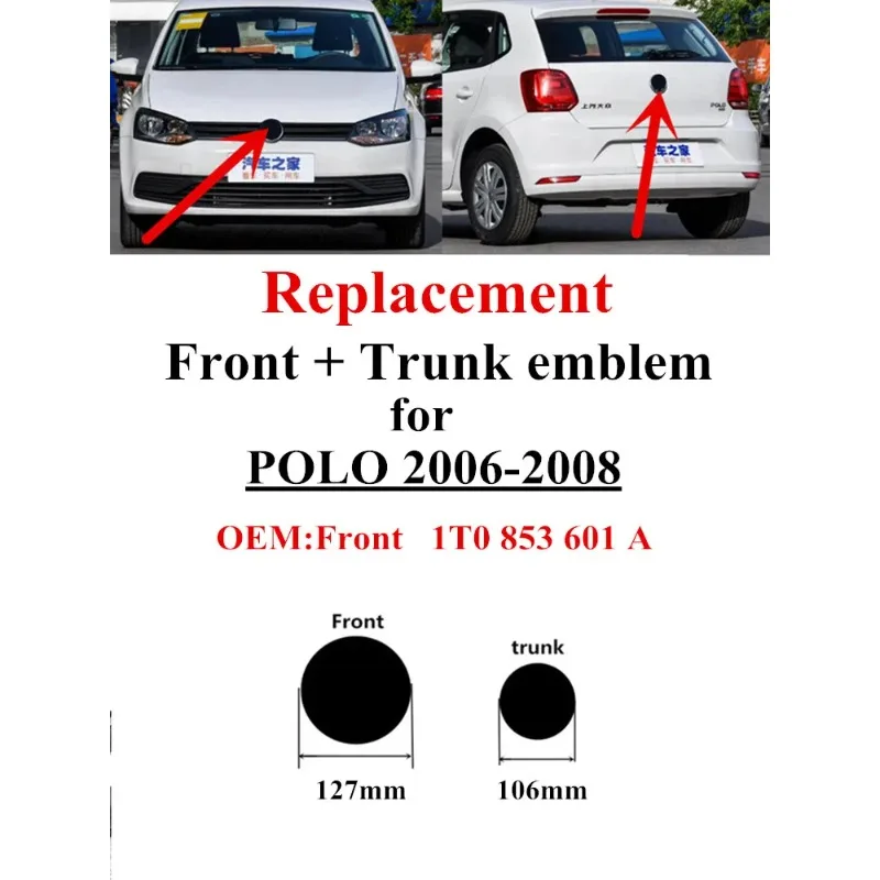 2026 핫 엠블럼 2개 세트 교체용 자동차 전면 그릴 배지 후면 트렁크 리드 엠블럼 로고 자동차 스타일링 폴로 6r 6c 2006 2007 2008용