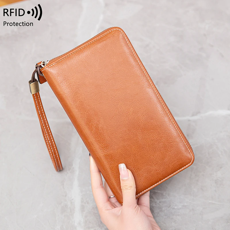 Anti RFID Women Long Purse Functional Zipper Leather Wallet for Travel Business Birthday Gifts 2024
