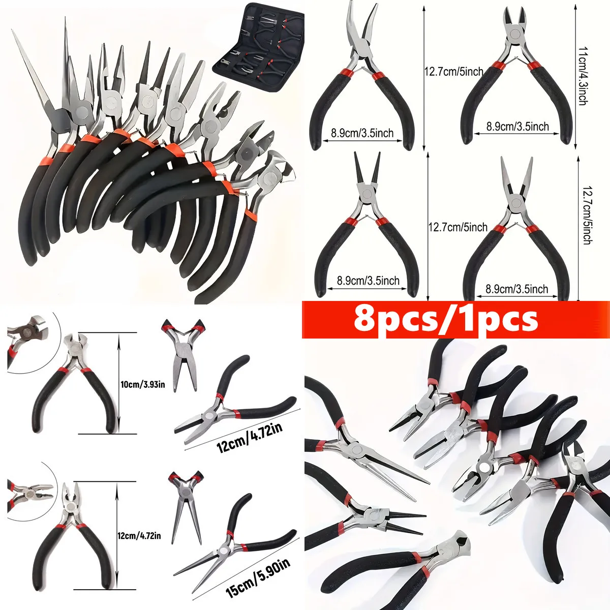 8/1pcs Black Jewelry Making Pliers Set - Needle Nose, Round Nose, Wire Cutter, Curved Nose，tweezers For DIY Jewelry Repair