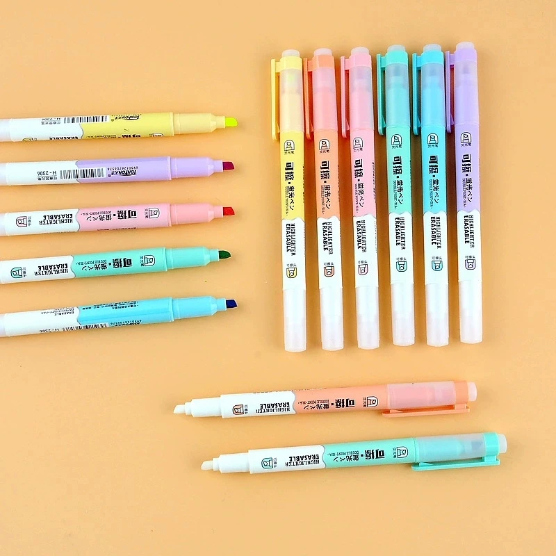 6pcs Erasable Highlighters Pastel Markers Dual Tip Fluorescent Pen for Art Drawing Doodling Marking School Office Stationery