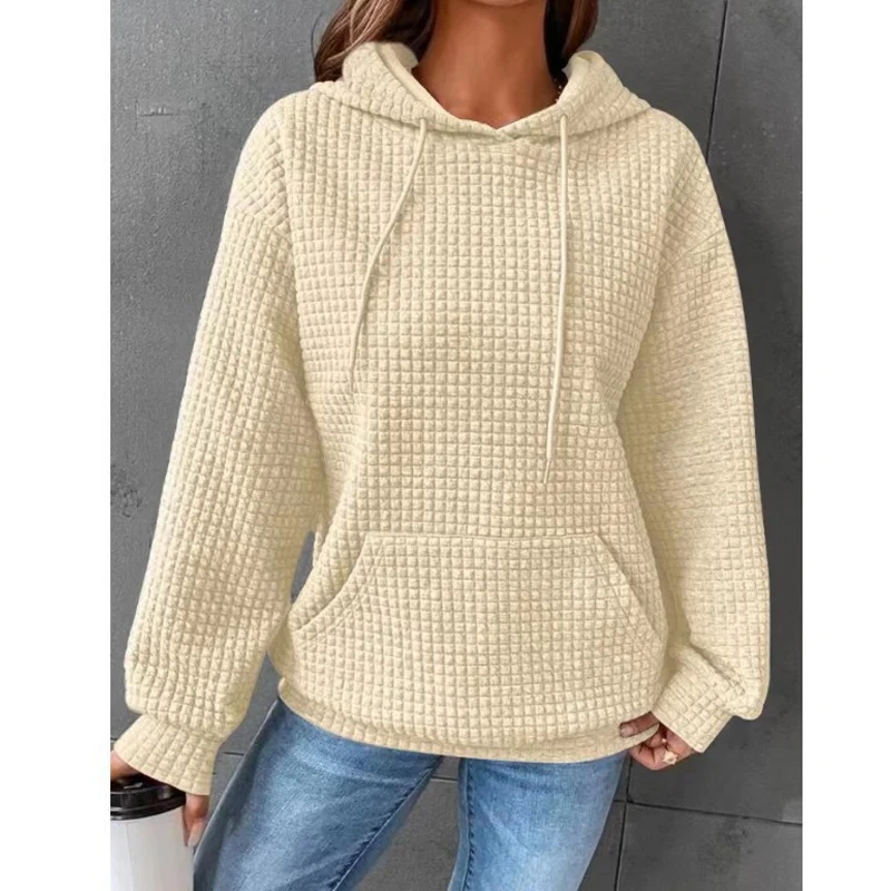 2023 Autumn Winter New Solid Color Hooded Drawstring Long Sleeve Sweatshirt Women Fashion Pocket All-match Waffler Pullovers