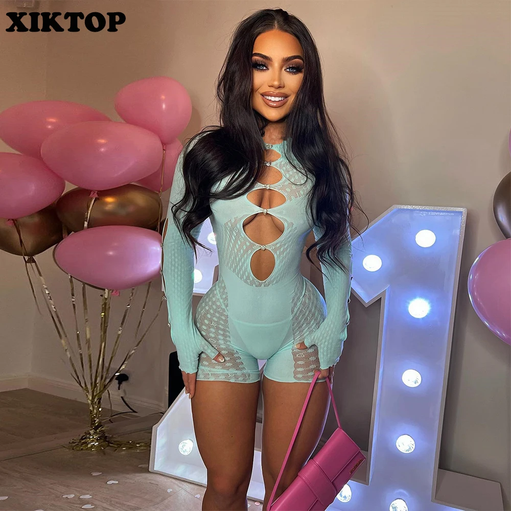 

XIKTOP Spliced Short Jumpsuit Women Summer 2022 Sexy Hollow Out Ovealls Y2K Perspective One Piece Rompers Slim Jumpsuits Street