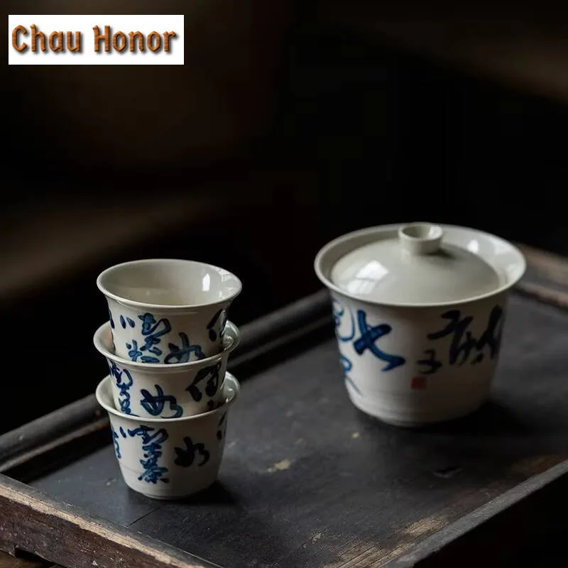 2pc/lot Plant Ash Glaze Japanese Hand-painted Tea Poem Master Cup Small Tea Bowl Kungfu Teaset Tea Ceremony Customized 35ml