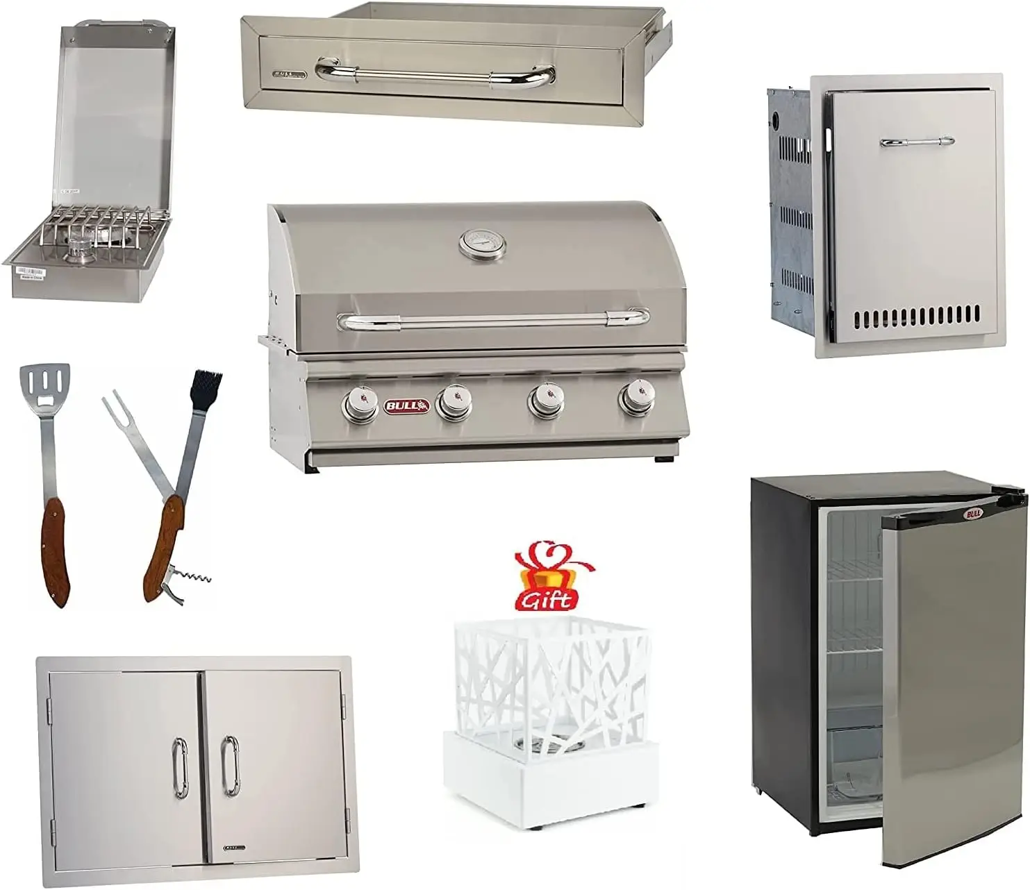 BBQ Grill with BULL single Side Burner 30" Double Doors Single Drawer Trash/Propane Drawer Refrigerator and FREE 5in1 BBQ Tool