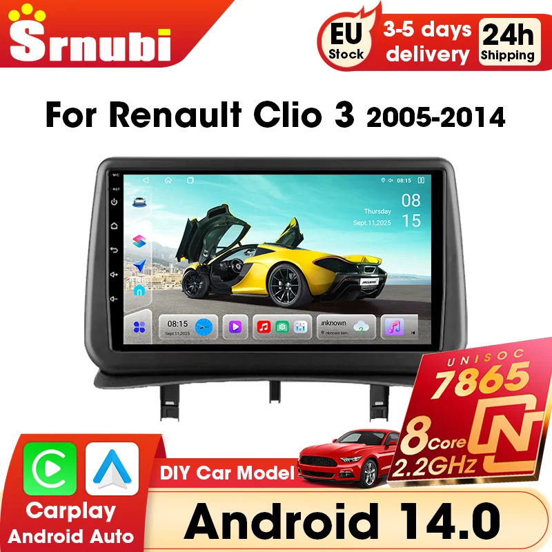 Srnubi Autoradio für Renault Clio 3 2005–2014, CarPlay-Bildschirm, Android Auto, intelligente Automobil-Systeme, Multimedia-Navigation