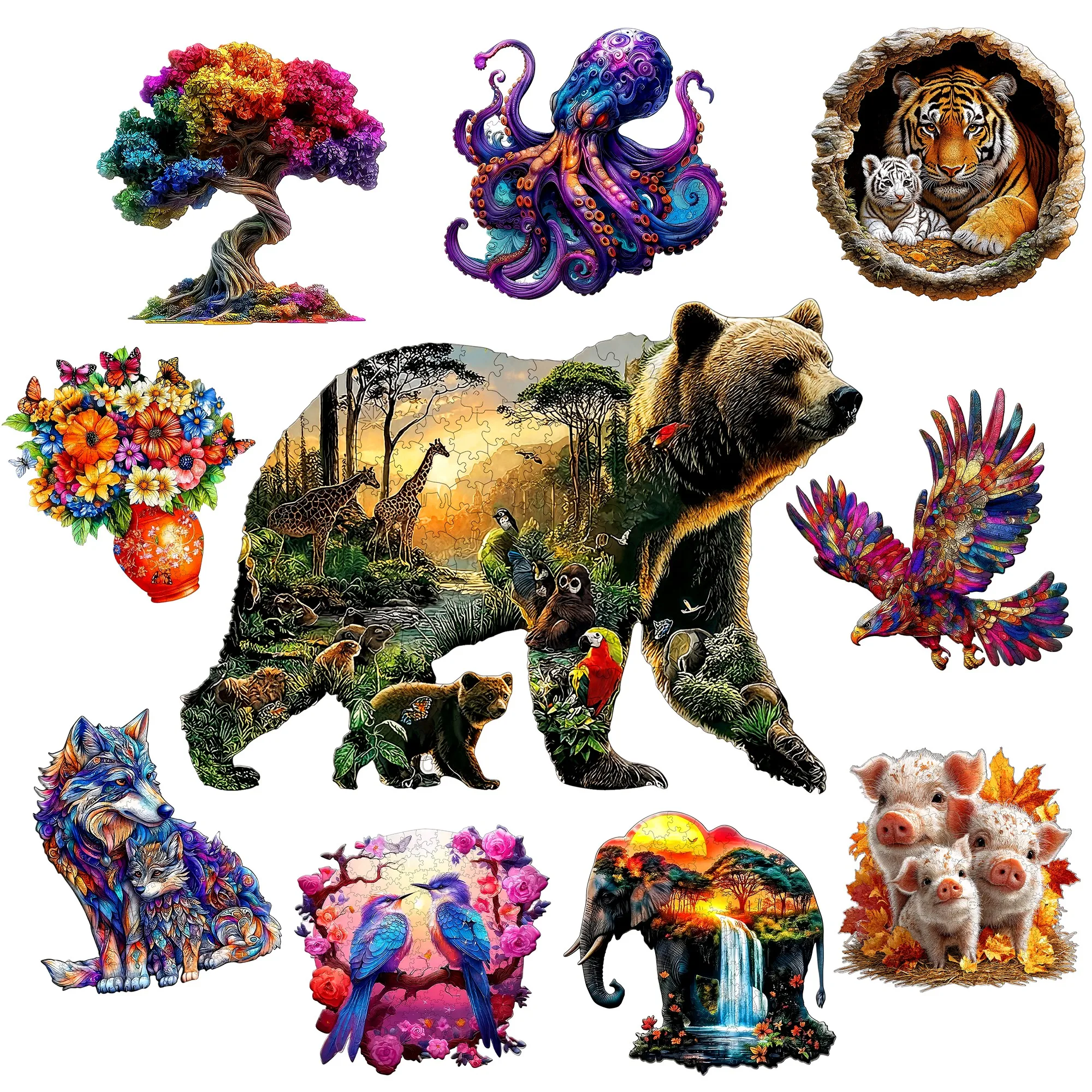 Bear and Animal World Theme Wooden Jigsaw Puzzle Wood Home Decor Painting Christmas and Halloween Gift Toy for Teen Kid