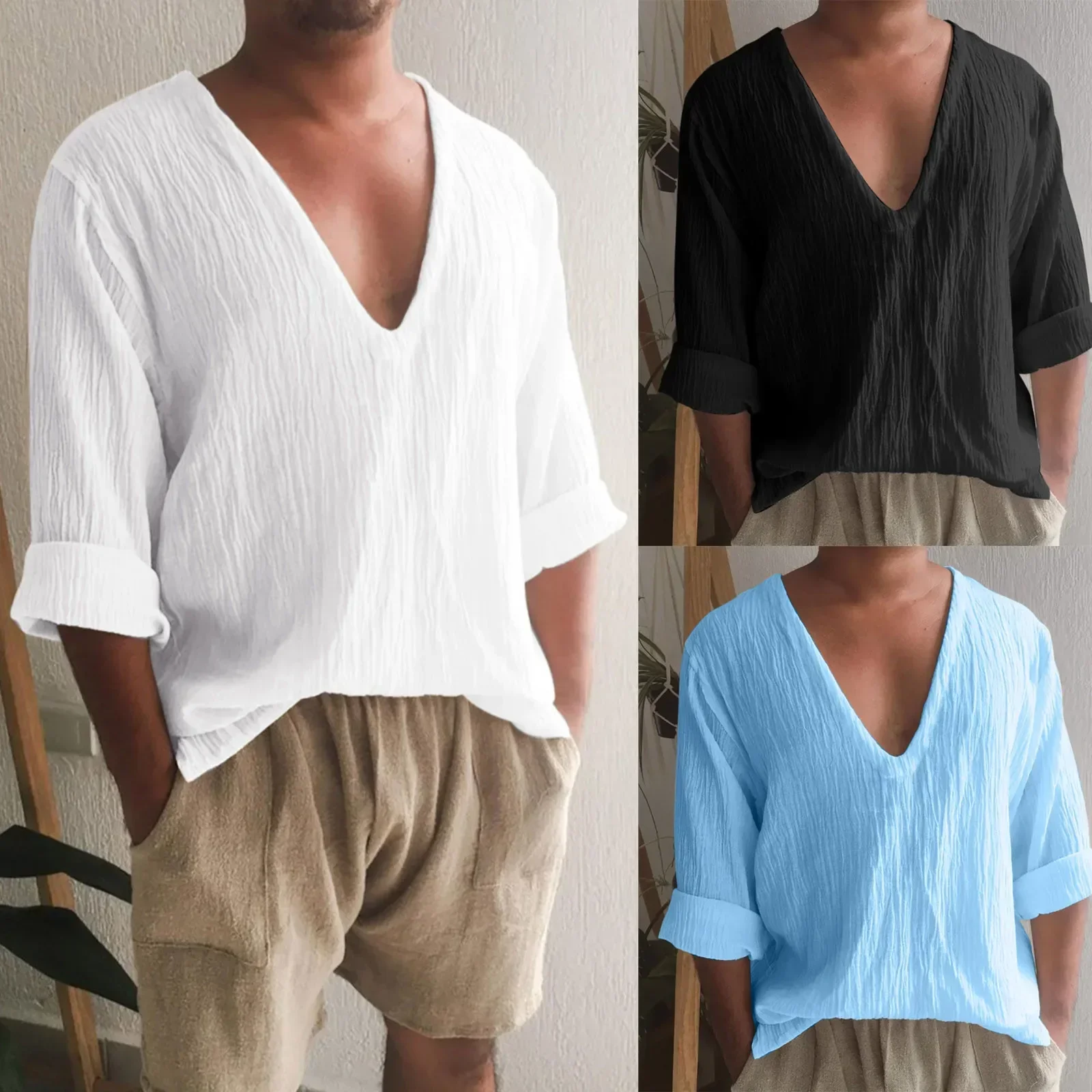 

Summer Sleeve Shirts Кофта Casual Mens 의류 Linen Style Tops Long Cotton Neck Shirt Oversize Boho Men Vintage Breathable