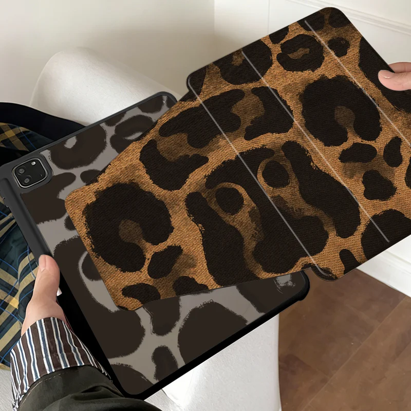 Denim Brown Leopard 360° Rotatable Tri-Fold Case with Pencil Slot and Auto Sleep/Wake Function