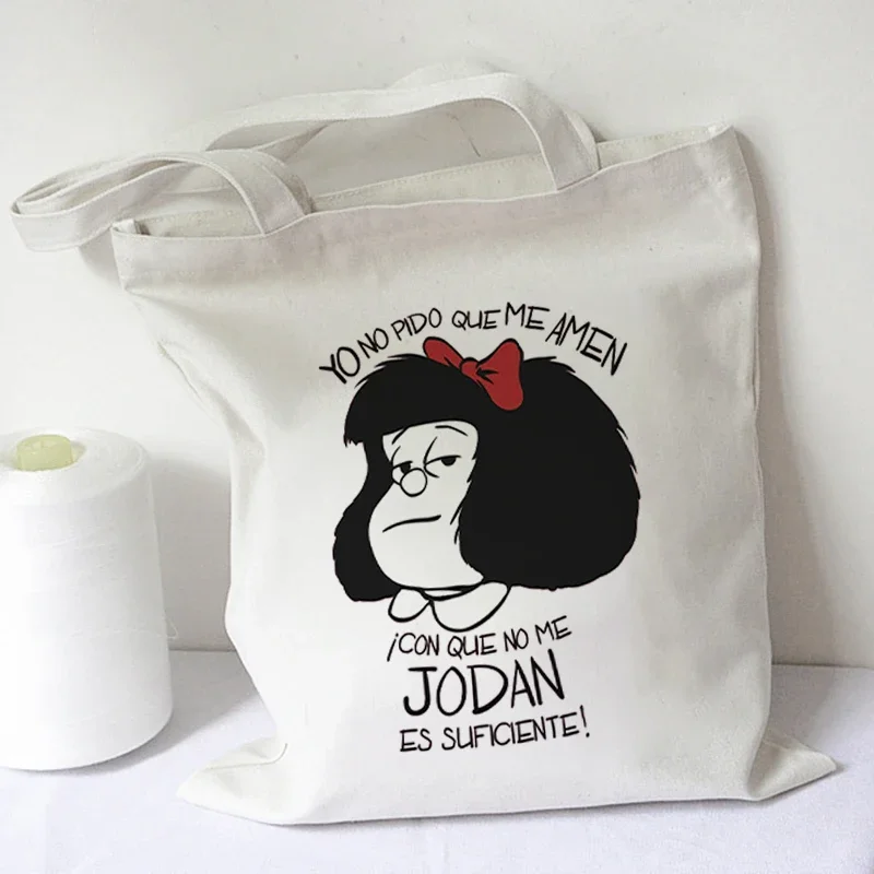 

Cute Mafalda Women Harajuku Tote Shopping Shopper Canvas Reusable Bag Foldable Woven Jute Sacolas