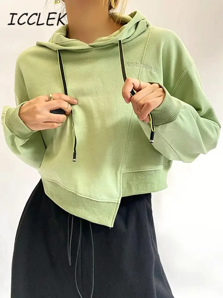 

Icclek Women Hoodies Solid Crop Sweatshirts Pullover Casual Sweatshirt Top Loose Drawstring Streetwears Asymmetrical Crop Tops