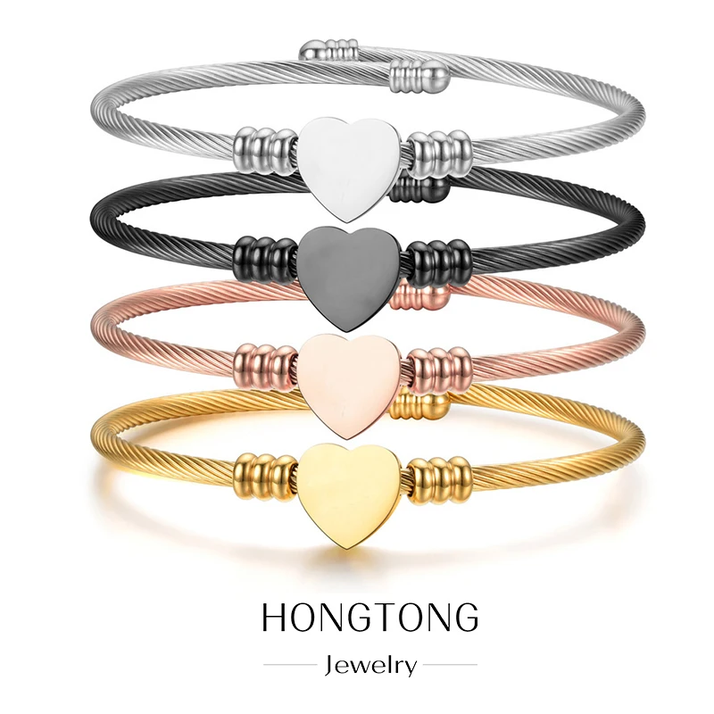 

HONGTONG Heart Bracelet For WomenMen Threaded Open Stainless Steel Jewelry Rose Gold Valentine Lovers Accessories Romantic Gift
