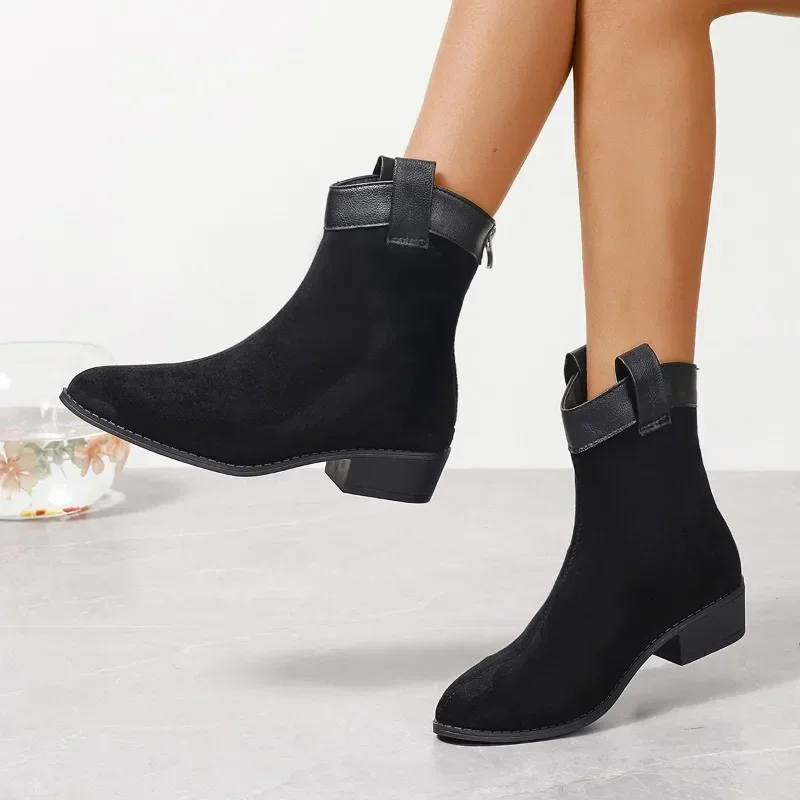 

Женские ботинки на молнии, зимние однотонные ботинки из флока с острым носком, на низком каблуке, большие размеры, в римском стиле, 2023