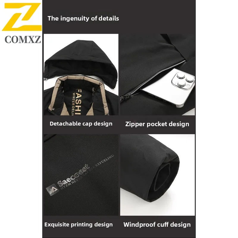 ​Men Graphene Heated Cotton Padded Jacket Thickened Winter Warm Outerwear Detachable Hood American Style Casual Outdoor Wear​