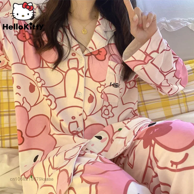 

Sanrio Melody Pink Home Clothes Spring Long Sleeve Tops Wide Leg Pants Women 2 Piece Set Pajamas Y2k Female Cute Sleepwear Suits