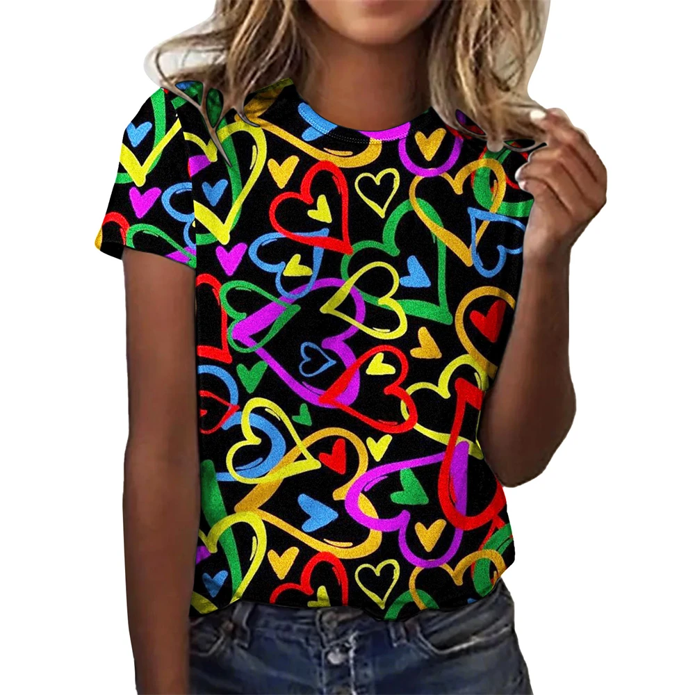 

2023 Hot Selling Women's Round Neck Shirt Women's Fashion T-shirt 3D Print Love Graphic T-shirt Beautiful Girl Short Sleeve