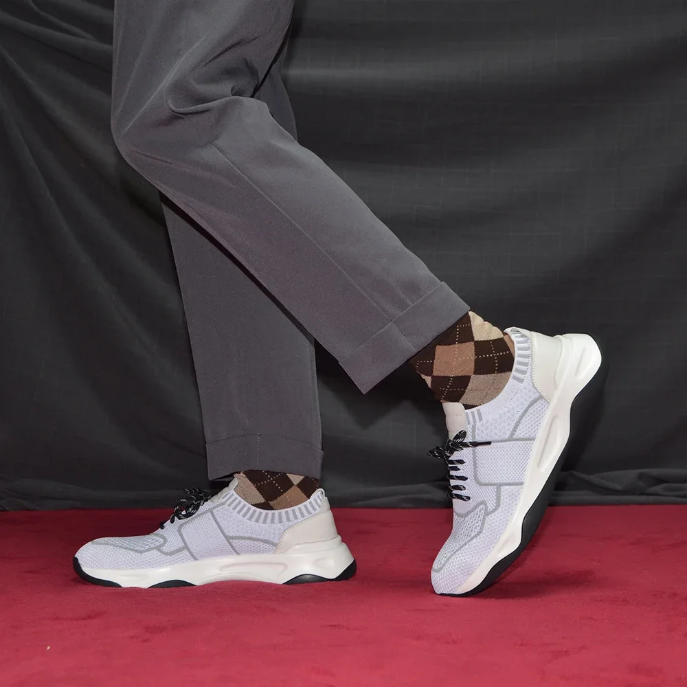 Men's Flat Casual Sneakers Breathable and Comfortable Knitted Fabric with Cow Genuine Leather Light Soft Outdoor Male Footwear 4