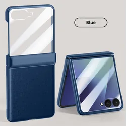 Premium PU Leather Hinge Phone Case with Built - in Screen Protector - Shockproof Protective Cover - Galaxy Z Flip7 (Blue)