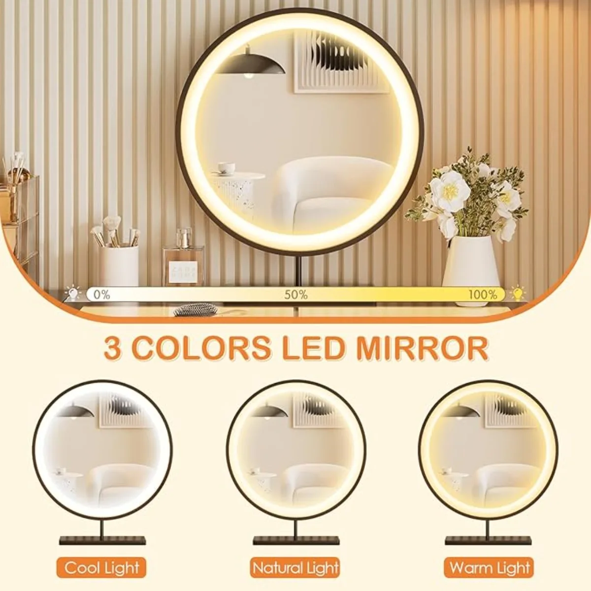 Vanity Desk w/ Mirror & Lights, 49" Modern Makeup Vanity w/ Charging Station,Glass Top Dressing Table, White (Chair not Include) 2