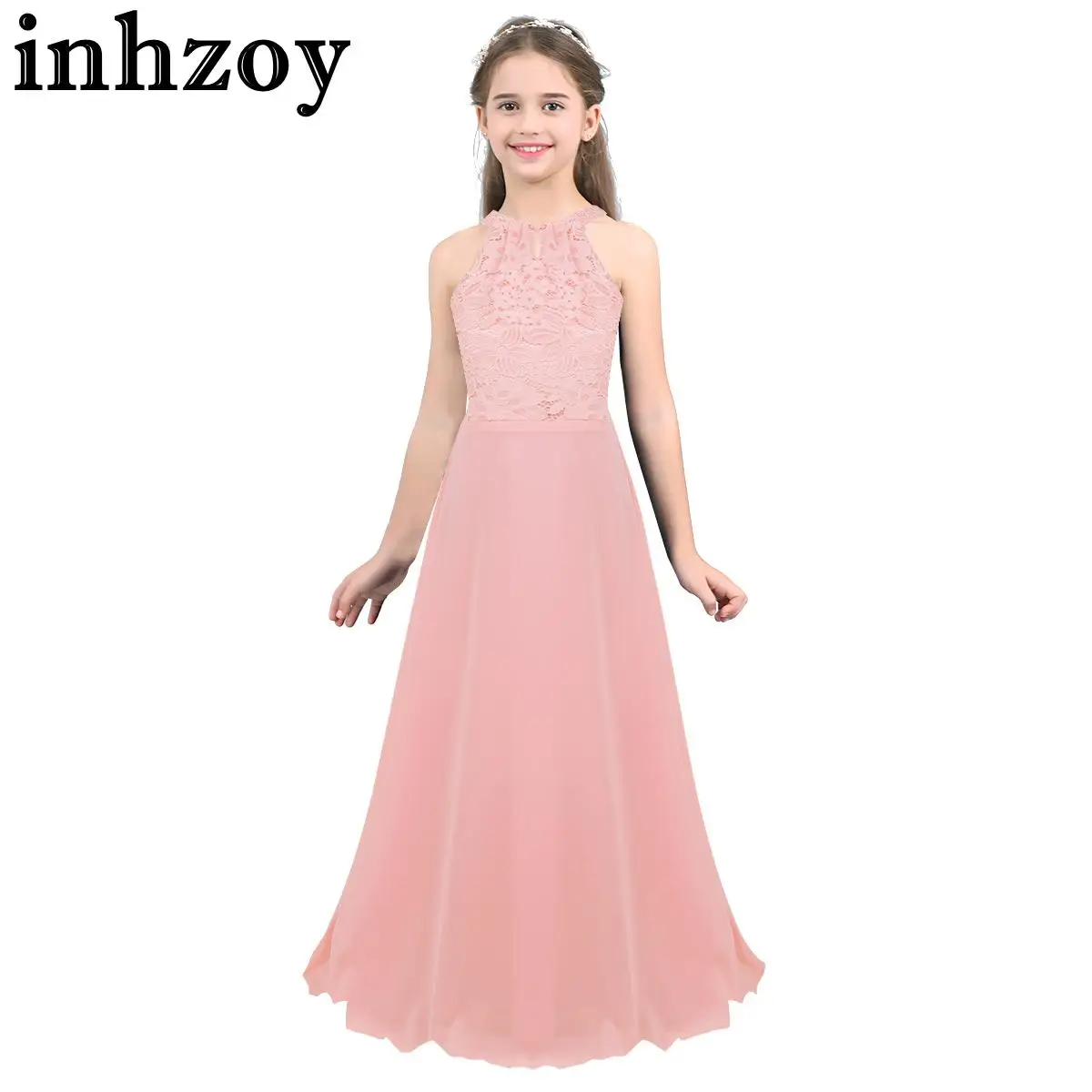 

Kids Girls Princess Birthday Party Floral Lace Cutout Back Halter Chiffon Maxi Dress Flower Girl Wedding Bridesmaid Ball Gowns