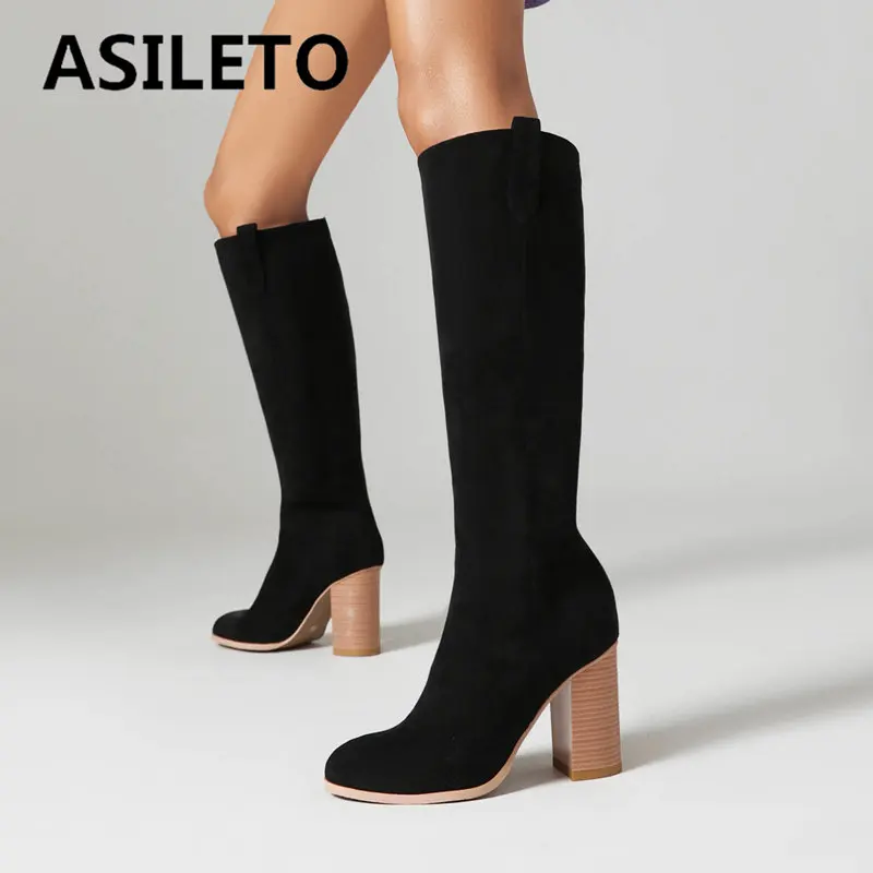 

ASILETO Flock Suede Women Long Boots Round Toe Chunky Heels 9cm Slip On Plus Size 44 45 46 Leisure Daily Winter Knee High Bota