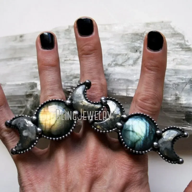 10pcs Labradorite Pyrite Crescent Moon Statement Ring Halloween Goth Gothic Retro Stainless Steel Boho Women Jewelry Cool Stuff