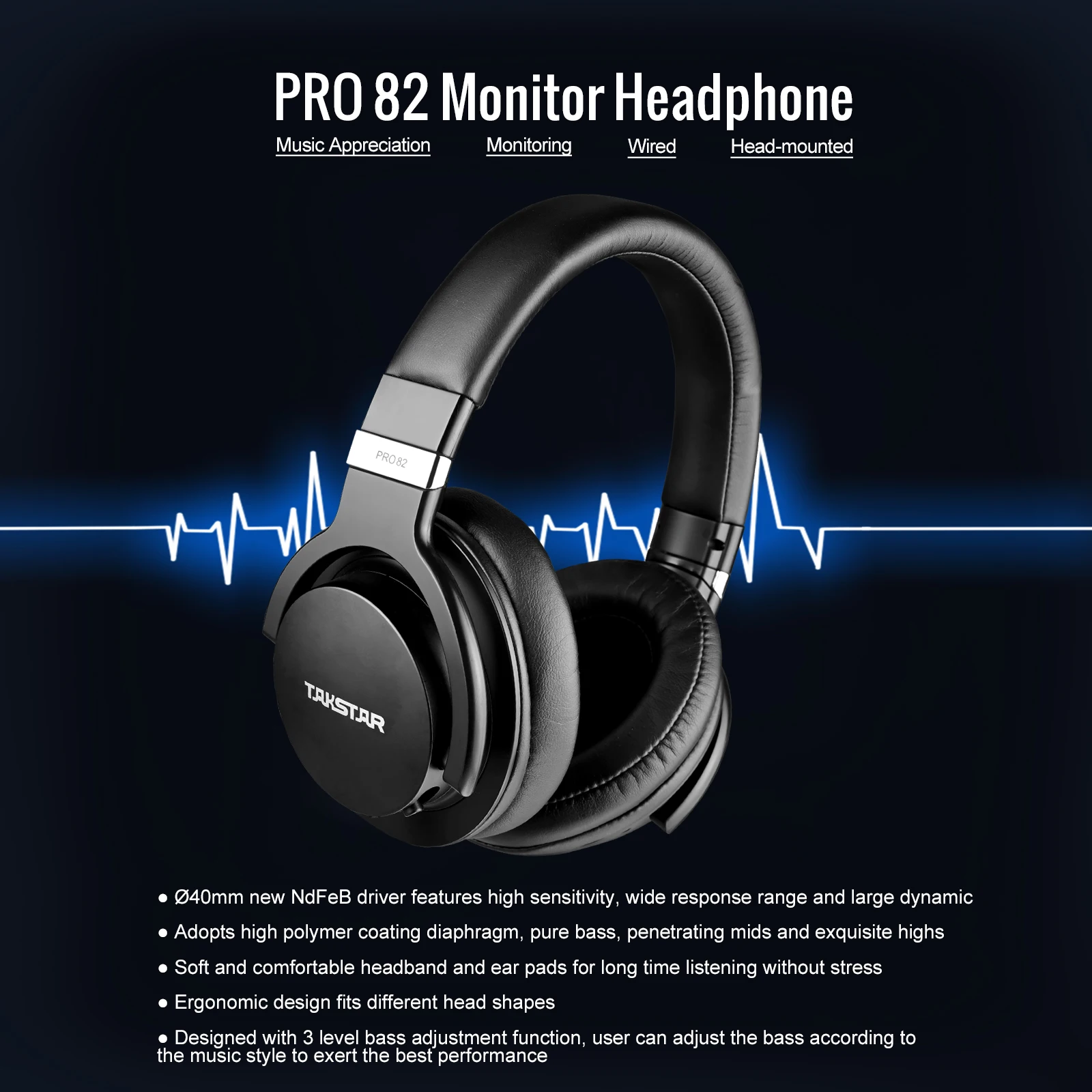 Takstar PRO82 / pro 82 전문 모니터 헤드폰 스테레오 PC 녹음 및 게임용 HIFI 헤드셋, 저음 조절 가능